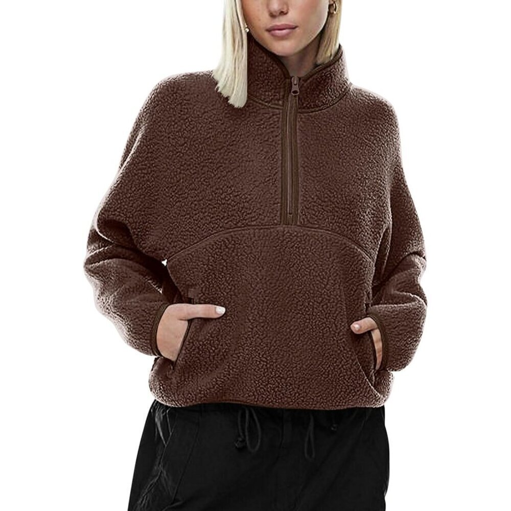 Womens Fleece Pullover Cropped Sweatshirt Large Sherpa Pockets Winter Jacket